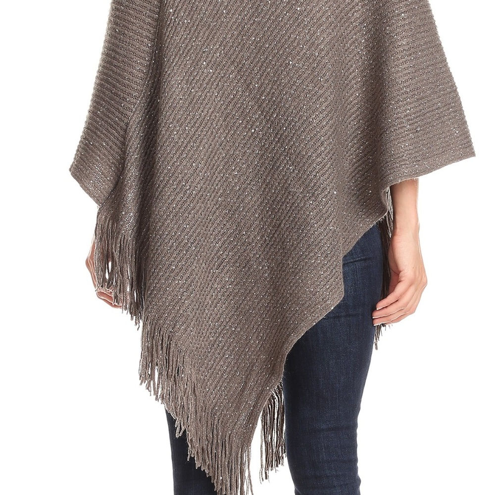 New Womens Cute Gray Sequin Fringed Shimmer Poncho - Picture 3 of 5